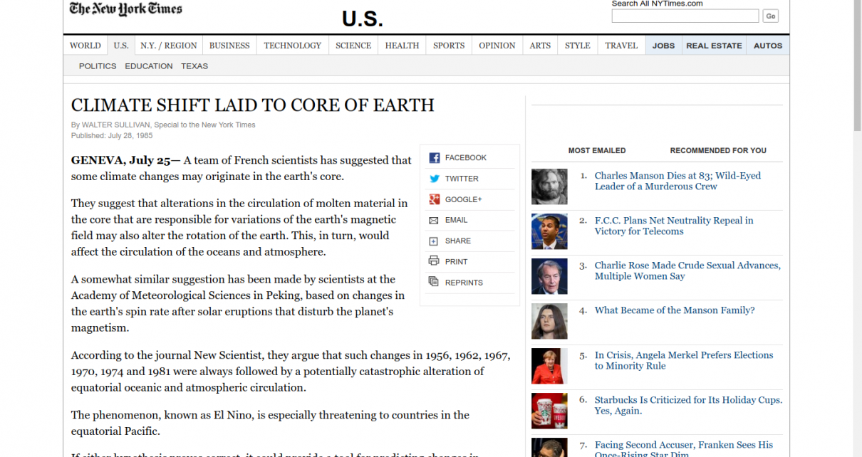 1985 New York Times: CLIMATE SHIFT LAID TO CORE OF EARTH (Magnetic Pole Shift is true Cause of Climate Change)