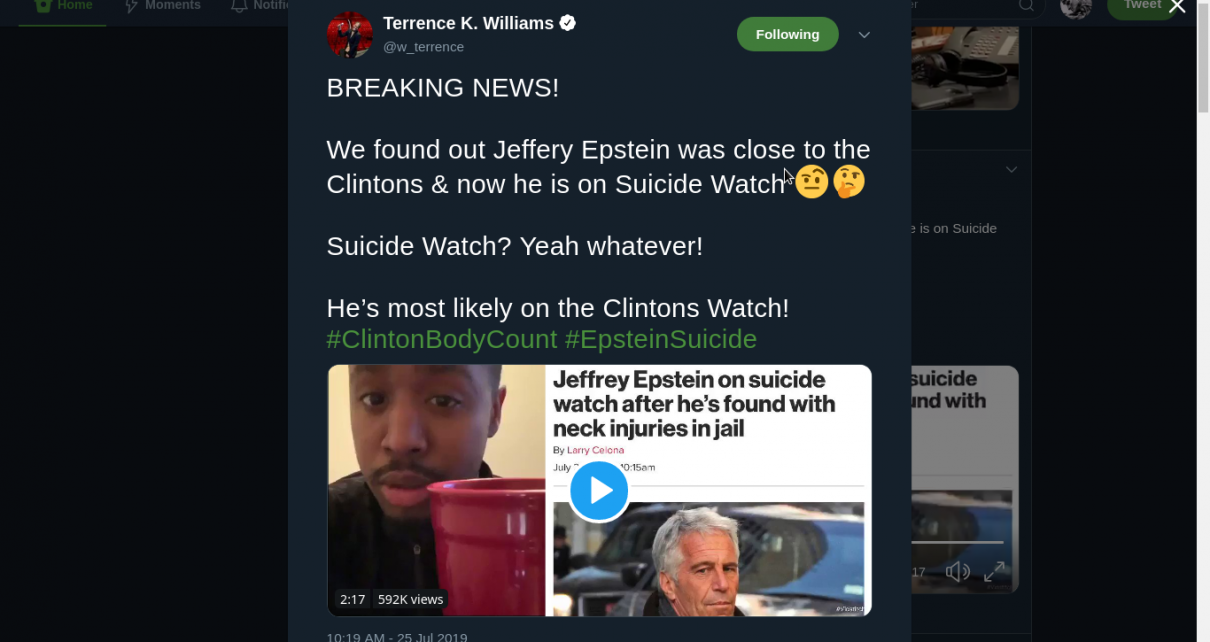 VIDEO – Jeffery Epstein was close to the Clintons & now he is on Suicide Watch  – Terrence K. Williams ‏