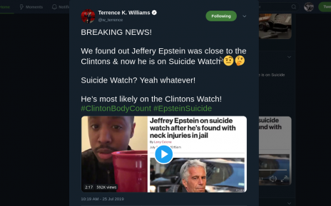 VIDEO – Jeffery Epstein was close to the Clintons & now he is on Suicide Watch  – Terrence K. Williams ‏