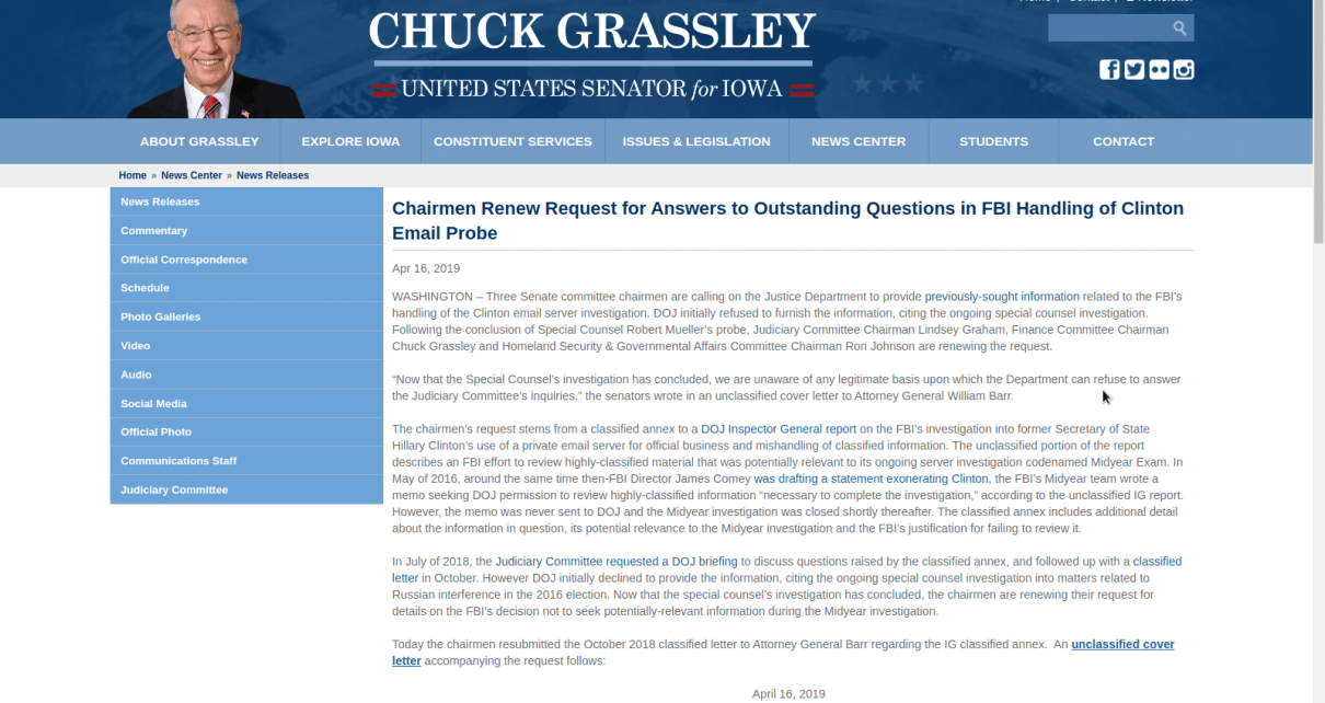 US Senator Chuck Grassley is dumping DECLASSIFIED HILLARY docs! – Here is where you can get a copy!