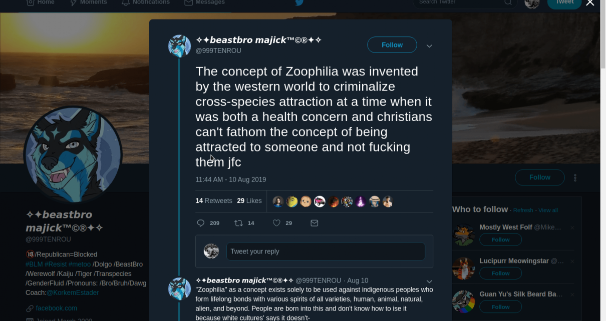 Gay Trans Communist who is openly sexually attracted to animals teaches us that being against sexual relations with animals (Zoophilia) is a concept rooted in White Supremacy