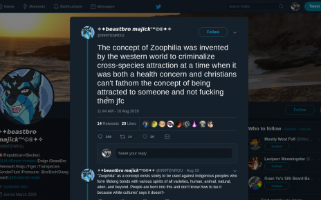 Gay Trans Communist who is openly sexually attracted to animals teaches us that being against sexual relations with animals (Zoophilia) is a concept rooted in White Supremacy