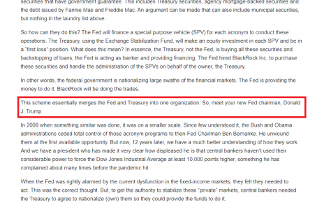 RIP Federal Reserve? “This scheme essentially merges the Fed and Treasury into one organization. So, meet your new Fed chairman, Donald J. Trump.”