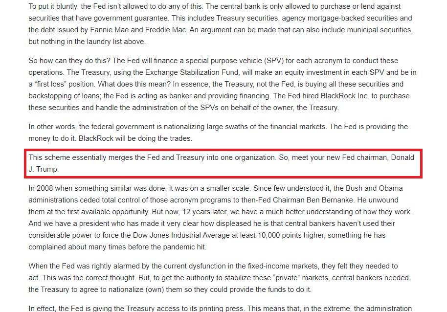 RIP Federal Reserve? “This scheme essentially merges the Fed and Treasury into one organization. So, meet your new Fed chairman, Donald J. Trump.”