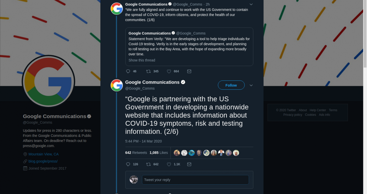 “Google is partnering with the US Government in developing a nationwide website that includes information about COVID-19 symptoms, risk and testing information.