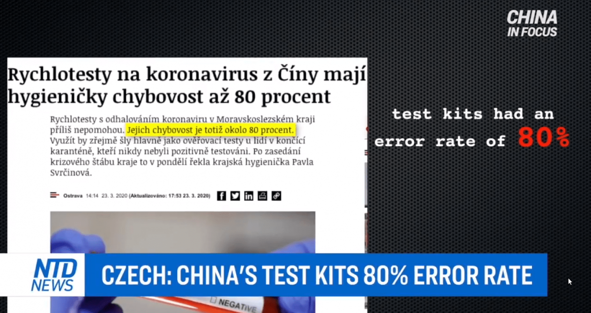 Chinese state-run media reported that China donated 150,000 #CCPVirus (#coronavirus) test kits to the Czech Republic. But the Czech said they paid for the kits which had an error rate of 80%