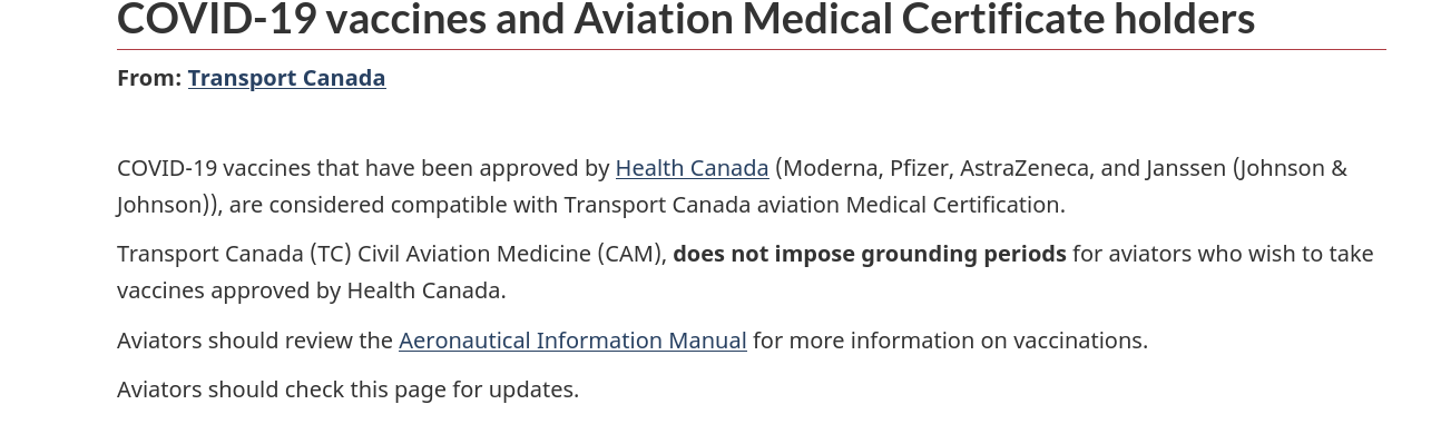  COVID-19 vaccines and Aviation Medical Certificate holders